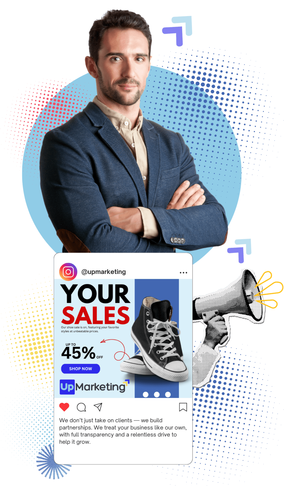 UpMarketing digital marketing business visual with mock Instagram post showing increased sales and local branding