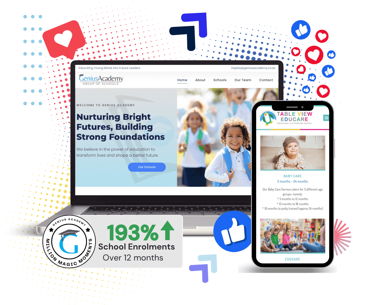 Marketing result preview with UpMarketing visual branding showing positive engagement icons like hearts and likes